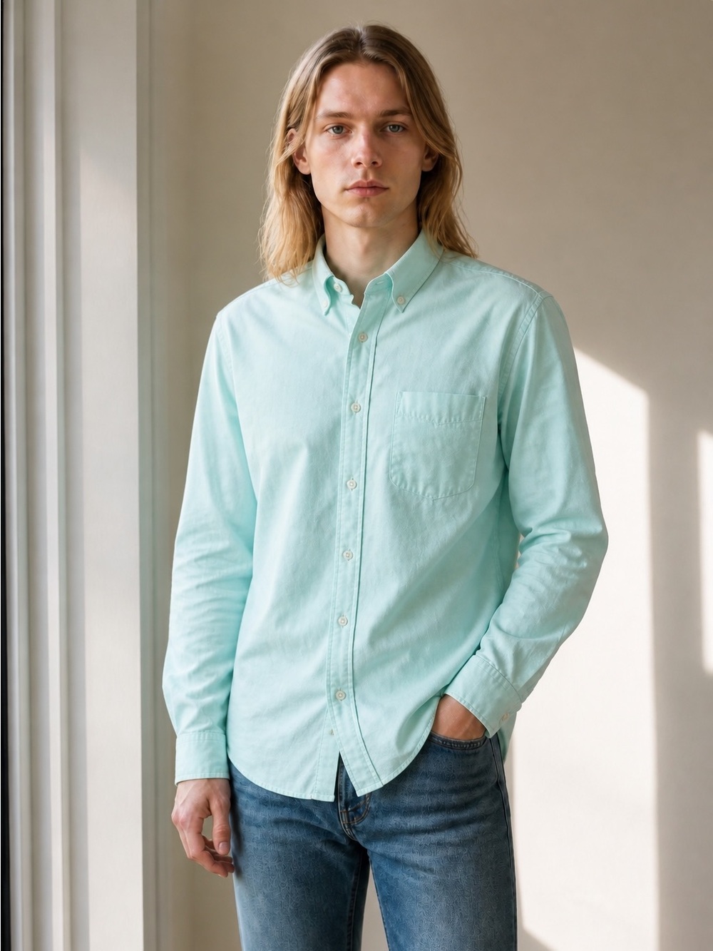 American Eagle 100% Cotton Mens Oxford Button Down Shirt Mint Classic Fit